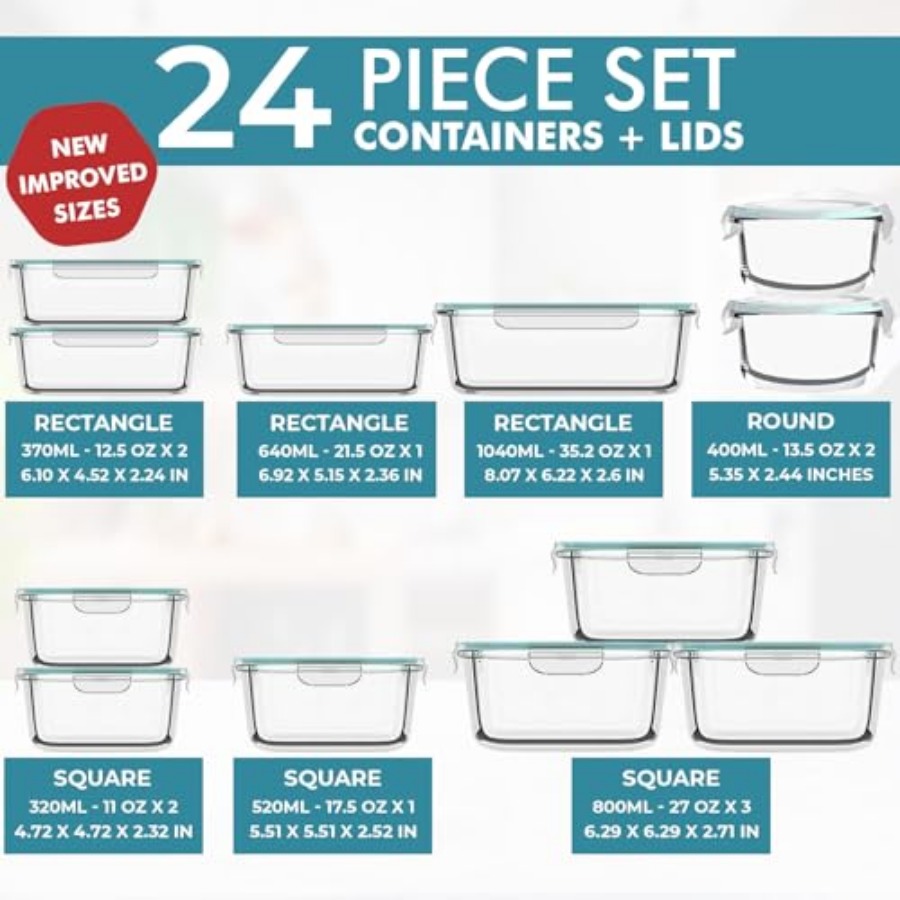 24 Pc Airtight Glass Food Stor - Meal Prep Glass Containers Oven Safe incelemesi ve fiyatı